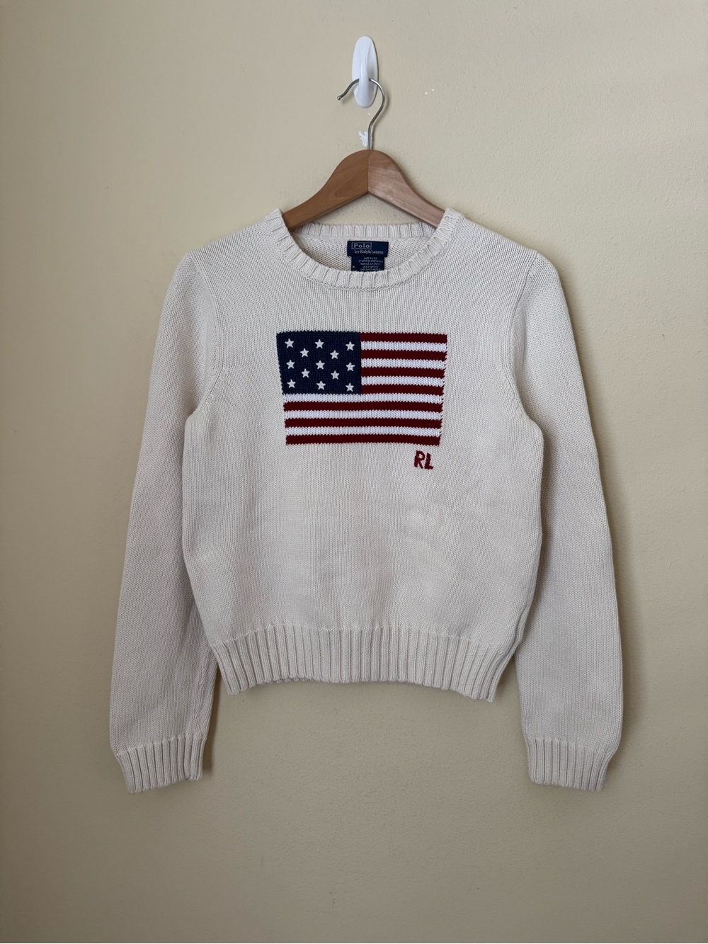 Polo Ralph Lauren American Flag Sweater USA Knit Crewneck Cream Size Medium